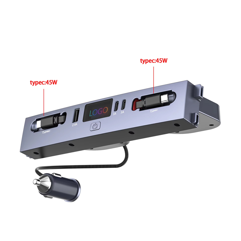 Usb Hub Type C - ฮับชาร์จในรถยนต์แบบหลายพอร์ต, อะแดปเตอร์ชาร์จเร็วแบบ Type-C คู่ 45W พร้อมสายชาร์จแบบหดได้,